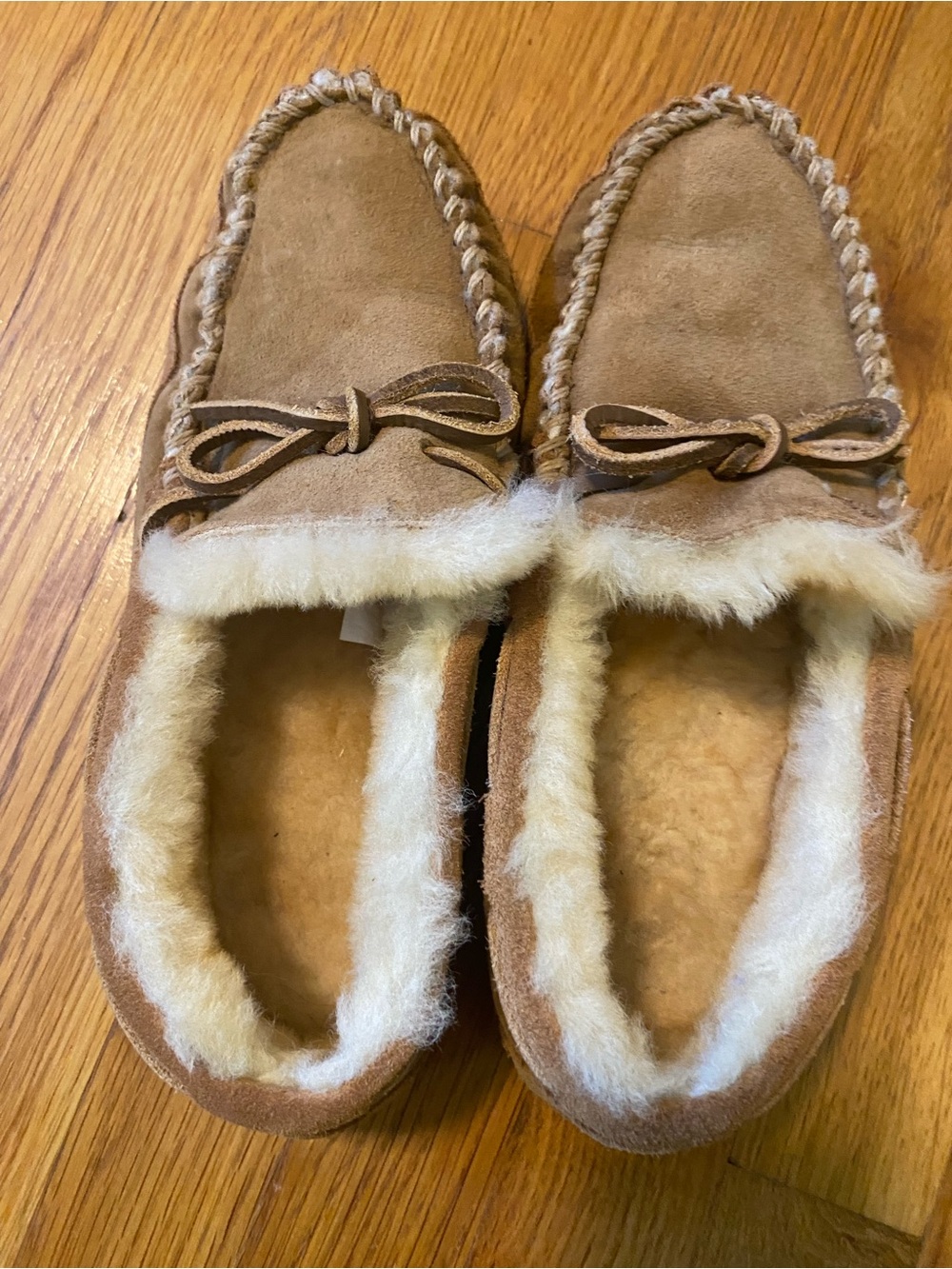 L.L. Bean Kids Tan Suede Shearling-Lined Moccasin Slippers